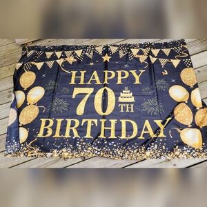 Happy 70th Birthday Banner - Gold on Black
